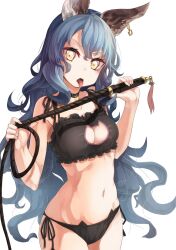 1girls bell_choker black_bra black_lingerie black_panties blue_hair bra breasts cat_keyhole_bra cat_keyhole_lingerie cat_lingerie choker ferry_(granblue_fantasy) granblue_fantasy holding_whip lingerie long_hair looking_at_viewer medium_breasts navel panties rabbit_ears saraki side-tie_panties tongue_out whip yellow_eyes