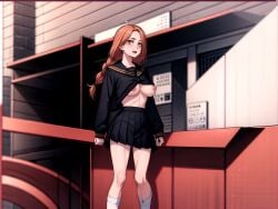 ai_generated braid braids breast_outside breasts crop_top large_breasts long_hair midriff navel nipples orange_hair outdoors shoes skirt socks tokyo_revengers yuzuha_shiba