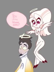 1boy 1girls adam_(hazbin_hotel) angel angel_girl angel_wings brown_hair clothed_male_nude_female completely_nude completely_nude_female duo duo_focus female hazbin_hotel male molly_(hazbin_hotel) multi_leg multi_limb nude_female_clothed_male spider_girl tagme white_hair