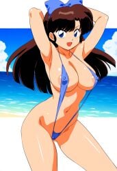 ai_generated beach blue_eyes brown_hair female hairbow large_breasts nipples novelai ranma_1/2 sling_bikini slingshot_swimsuit solo solo_female ukyo_kuonji