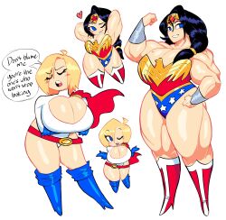 2girls amazon amazonian beauty_mark beauty_mark_on_breasts black_hair blonde_hair breasts_bigger_than_head dc dc_comics diana_prince huge_breasts kara_zor-l karen_starr kryptonian muscular muscular_female muscular_thighs power_girl superman_(series) theguywhodrawsalot thick_thighs wonder_woman wonder_woman_(series)