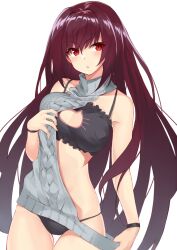 1girls aran_sweater backless_outfit black_bra black_lingerie black_panties bra bracelet breasts cat_keyhole_bra cat_keyhole_lingerie cat_lingerie fate/grand_order fate_(series) large_breasts lingerie long_hair looking_at_viewer panties purple_hair red_eyes scathach_(fate) shunichi sweater_pull turtleneck turtleneck_sweater virgin_killer_sweater