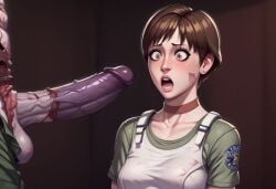 absurdly_large_cock ai_generated feral_on_human huge_cock imminent_fellatio imminent_oral injury kuriva monster monster_cock partial_male penis_awe rebecca_chambers resident_evil resident_evil_0 scary shocked_expression short_hair veiny_penis wounded zombie zombies