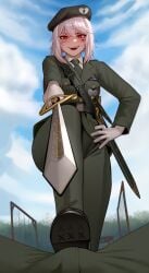 beret buddy_(buddies) crazy domination dress_shoe dress_uniform gloves heart heart_eyes kairunoburogu looking_at_viewer military military_uniform pov red_eyes scars shoe shoes short_hair silver_hair small_breasts smug stepping stepping_on_penis suit sword tomboy woman_in_suit