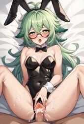 1boy 1girls ai ai_generated artificial_intelligence big_breasts big_penis blush breasts bunny_ears bunnysuit cum cum_in_pussy cum_on_body cum_on_thighs cumshot cute female genshin_impact glasses green_hair heart_shaped_pupils hoyoverse leaking_cum lewd_moaning_face light-skinned light-skinned_female light_skin lying_on_bed male mihoyo missionary missionary_position playboy playboy_bunnysuit pov pov_male shy spreading_legs straight sucrose_(genshin_impact) tongue_out