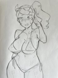 1girls bikini blush breasts embarrassed large_breasts looking_away medium_hair monochrome nervous nipples_visible_through_clothing open_mouth pokemon pokemon_ss ponytail side_ponytail sketch skimpy skimpy_bikini sonia_(pokemon) sunglasses sunglasses_on_head sweat swimsuit thick_thighs thighs twirling_hair wide_hips yuujiro