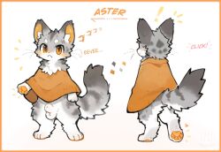 animal_genitalia anthro aster_(kemonymous) balls casual_nudity character_name clothing dialogue felid feline fully_sheathed genitals kemono kemonymous male mammal model_sheet onomatopoeia pawpads paws poncho right_to_left sequence sequential_arrow sheath solo sound_effects text