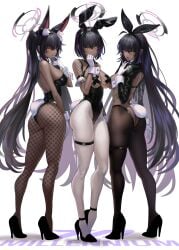 3girls animal_ears ass back big_breasts black_hair blouse blue_archive bob_cut bpang72709895 breasts bunny_ears bunny_tail bunnysuit cleavage cuffs dark_skin detached_collar eyelashes eyeliner female female_only finger_in_mouth fishnets frills garter gloves heels hi_res high_heels karin_(blue_archive) karin_(bunny)_(blue_archive) leotard lingerie long_hair looking_at_viewer makeup medium_hair open_mouth pantyhose pasties shirt very_long_hair white_background yellow_eyes