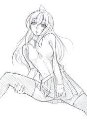 2013 character_request copyright_request ell182a_(masa_works_design) female female_only hatching_(texture) long_hair long_sleeves masa_works_design parted_lips pleated_skirt shirt sketch skirt solo solo_female spread_legs suggestive tagme thighhighs unfinished