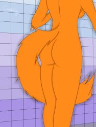 absurd_res anthro arm_tuft ass big_breasts big_butt breasts butt_shot canid canine canis coyote coyotebass digital_media_(artwork) elbow_tuft female fluffy fluffy_tail fur hi_res mammal nude orange_body shower simple_background solo tail thick_thighs tuft xanny_(coyotebass)