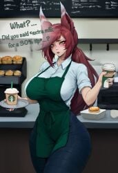 ai_generated embarassed embarrassed huge_breasts league_of_legends riot_games roleplay starbucks starbucks_barista talking_to_viewer text thick_thighs waitress xayah xayahl0ver