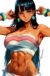 1girls abs ai_assisted armpits artist_name bare_shoulders big_breasts black_hair blue_eyes bracelets busty chel_(cosplay) cleavage earrings female female_only insomn_bion nico_robin one_piece pre-timeskip tan_skin tan_skinned_female the_road_to_el_dorado upper_body