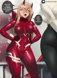 2girls ass big_ass big_breasts bodysuit breasts chainsaw_man cosplay darling_in_the_franxx dialogue echosaber english_text fat_ass female_only horns large_ass makima_(chainsaw_man) nipple_bulge power_(chainsaw_man) reflection sharp_teeth skin_tight skindentation speech_bubble text thick_thighs tight_pants unusual_pupils yellow_eyes zero_two_(darling_in_the_franxx)_(cosplay)