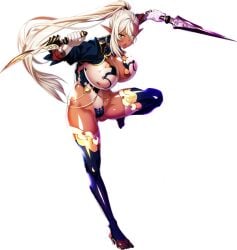 1female assassin blonde_hair blonde_hair dark-skinned_female eden's_ritter elf elf_ears green_eyes huge_breasts