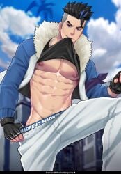 1boy abs armband black_hair black_pubic_hair bleach blue_eyes blue_highlights bruno_bangnyfe clouds coat dragon fingerless_gloves happy_trail house looking_at_viewer looking_down looking_down_at_viewer low-angle_view male male_only maorenc muscular muscular_male shirt_lift sky solo solo_male underwear_pull white_pants