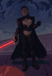 1girls background boots breasts breasts_out cape dark-skinned_female dark_nipples dark_skin female female_only footwear full_body gloves glowing glowing_eyes hairy_pussy human human_only inquisitor inquisitor_(star_wars) lightsaber looking_away nipples obi-wan_kenobi_(series) partially_clothed pears_(artist) pubic_hair pussy red_lightsaber reva reva_sevander shoes small_breasts solo standing star_wars sword teeth third_sister weapon yellow_eyes