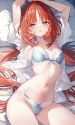 1girls ai ai_generated aqua_hair bed bedroom belly_button blush bra female female_focus female_only front_view genshin_impact hourglass_figure hoyoverse light-skinned_female light_skin long_hair looking_at_viewer lying lying_on_back lying_on_bed mihoyo navel nilou_(genshin_impact) panties pillow poyon_na red_hair small_breasts solo solo_female solo_focus underwear young younger_female