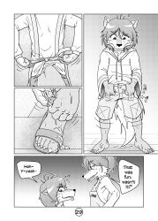 absurd_res age_difference apron bodily_fluids bottomwear canid canine canis clothed clothing comic countershading cum digital_media_(artwork) english_text footwear gaku_kodori genital_fluids greyscale harzu hi_res incest leaking_cum mammal monochrome morenatsu page_29 page_number sandals shirt shorts shun_(morenatsu) text topwear video_games visual_novel wolf