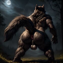 ai_generated anthro anus ass backsack balls big_tail canid canine canis claws detailed detailed_fur fur genitals hair hi_res male male_only mammal moon muscular night nude outdoors raised_tail rear_view solo taji_(director) thick_thighs were werecanid werecanine werewolf wolf woods