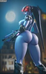 1girls 3d ass ass_focus back_view blender blender_(software) blizzard_entertainment blue_body blurry_background breasts female female_focus female_only glowing_eyes gun hasfeldt latex moon naked orange_eyes overwatch overwatch_2 rifle sideboob thick_thighs thighs turned_around watermark widowmaker