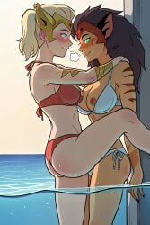 adora ai_generated animal_ears beach bikini blonde_hair breasts canon_couple catra crown female girl girlfriend girlfriends nipples ocean she-ra she-ra_and_the_princesses_of_power yuri