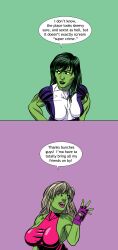 absurdres bimbofication breast_expansion breasts comic femsub green_eyes green_hair green_skin happy_trance large_breasts maledom marvel marvel_comics pink_eyes she-hulk super_hero surakuraanon text white_hair