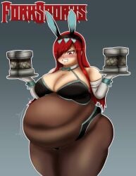 1girls 2024 bbw blush bunny_girl color erza_scarlet fairy_tail fat fat_folds forksporks huge_belly huge_breasts long_hair motion_lines red_eyes red_hair tagme