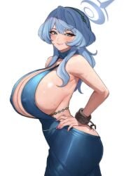 ako_(blue_archive) ako_(dress)_(blue_archive) blood_hood blue_archive blue_eyes blue_hair blush breasts breasts_bigger_than_head dress halo hi_res huge_breasts long_hair nipple_bulge white_background