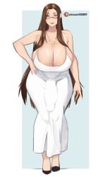 1futa blush breasts brown_hair bulge cleavage clothed clothing dickgirl dress flaccid futa_only futanari glasses green_eyes hand_on_hip high_heels huge_breasts huge_cock human karasuart07 light-skinned_futanari light_skin long_hair mostly_clothed necklace penis smile solo standing yuriko(karasuart07)