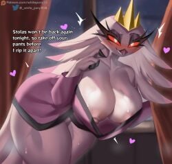 18_(artist) anthro areola avian beak big_breasts bird blush breasts clothed clothing crown demon feathers female headgear heart_symbol helluva_boss hi_res looking_at_viewer nipples owl owl_demon simple_background smile solo stella_(helluva_boss) text thick_thighs white_body