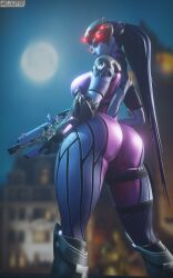 1girls 3d ass ass_focus back_view blender blender_(software) blizzard_entertainment blue_body blurry_background bodysuit breasts female female_focus female_only glowing_eyes gun hasfeldt latex moon orange_eyes overwatch overwatch_2 rifle sideboob thick_thighs thighs turned_around watermark widowmaker