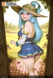 3girls 4girls ai_generated aqua_(konosuba) aqua_hair ass bare_shoulders beach blue_eyes blue_hair blush breasts copyright_name day detached_sleeves dollmaker dollmaker_(artist) grass hat heart long_hair looking_at_viewer looking_back multiple_girls open_mouth outdoors patreon_logo patreon_username peeking_out pointy_ears skirt smile solo_focus tagme tree watermark web_address witch_hat