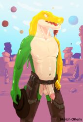 absurd_res alligator alligatorid animal_humanoid aroused bodily_fluids candy clothing cowboy cowboy_hat cowboy_outfit crocodilian crokodile dessert detailed_background flaccid food food_creature genitals glitch_productions gummigoo_(the_amazing_digital_circus) gummy_(food) gummy_creature hat headgear headwear hi_res holding_object humanoid humanoid_genitalia humanoid_penis living_candy male male_only penis posing_for_picture reptile reptile_humanoid scalie scalie_humanoid solo the_amazing_digital_circus tongue tongue_out