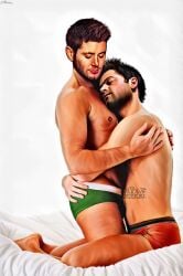 2boys actor angel artist_signature ass_grab bara beard black_hair brown_hair bulge castiel castiel_(supernatural) celebrity closed_eyes cuddling dark_hair dean_winchester duo enochian enochian_tattoo enochian_text facial_hair freckles gay grabbing_ass half-dressed half_naked head_on_chest holding_partner human in_character jensen_ackles kneeling licieoic light-skinned_male light_skin looking_happy male male/male male_only misha_collins nipples romantic sitting supernatural_(series) tattoo underwear yaoi