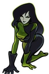 1girls black_hair black_lipstick busty curvy disney disney_channel gloves green_eyes kim_possible looking_at_viewer on_hands_and_knees pale-skinned_female pale_skin peterchai shego smile tight_clothing