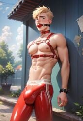 1boy ai_generated ball_gag bdsm_harness big_bulge blonde_hair blonde_pubic_hair bondage bondage_harness bulge bulge_through_clothing commentary_request gag gagged gay harness huge_bulge large_pecs large_pectorals latex latex_legwear male male_focus male_only muscular p0k3cock pecs pectorals pierced_ears tagme