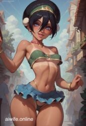 1girls ai_generated aiwife.online avatar_legends avatar_the_last_airbender black_hair cameltoe empty empty_eyes female_focus micro_panties miniskirt nickelodeon nicktoons revealing_clothes slut slutty_clothing slutty_outfit small_breasts tan_body toph_bei_fong