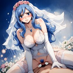 ai_generated bridal_lingerie bridal_veil cowgirl_position dutch_angle elbow_gloves fairy_tail juvia_lockser large_breasts payop pony_diffusion_xl pov smile stockings vaginal_penetration vaginal_sex wedding_dress