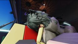 1boy 1girls 3d artist_request ass big_ass big_breasts blowjob blush breasts cat_ears clothed_sex female green_hair male oral oral_sex roblox robloxian source_request tagme