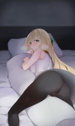 1girls ass big_ass black_pants blonde_hair blush body_pillow bottomwear breasts clothing dat_ass dress erect_nipples female female_only game_freak green_eyes hair huge_ass itantanmensuki long_hair looking_back lusamine_(pokemon) mature mature_female mature_woman milf mother nipple_bulge pants pillow pillows pokemon pokemon_sm short_dress small_breasts solo solo_female steam sweat sweatdrop topwear