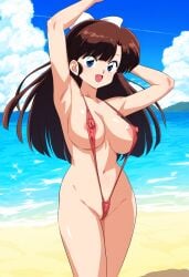 ai_generated beach blue_eyes brown_hair female hairbow large_breasts nipples novelai ranma_1/2 sling_bikini slingshot_swimsuit solo solo_female ukyo_kuonji