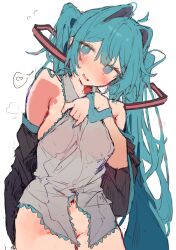 covering crotch embarrassed hatsune_miku hips medium_breasts no_bra no_panties see-through see_through_clothing spoken_heart topwear topwear_only vocaloid