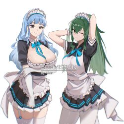 2girls ;) alternate_costume alternate_hairstyle apron bare_thighs blue_hair breasts brown_eyes cleavage commission female female_only fire_emblem fire_emblem:_three_houses fire_emblem_awakening garter_straps green_eyes green_hair large_breasts light_blue_hair long_hair maid maid_headdress maid_uniform manakete marianne_von_edmund medium_breasts multiple_girls nintendo noir_(noir_reveur) one_eye_closed pantyhose ponytail skirt smile thighhighs thighs tiki_(adult)_(fire_emblem) tiki_(fire_emblem) white_background wink