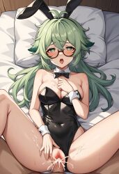 1boy 1girls ai ai_generated artificial_intelligence big_breasts big_penis blush breasts bunny_ears bunnysuit cum cum_in_pussy cum_on_body cum_on_thighs cumshot cute female genshin_impact glasses green_hair heart_shaped_pupils hoyoverse leaking_cum lewd_moaning_face light-skinned light-skinned_female light_skin lying_on_bed male mihoyo missionary missionary_position playboy playboy_bunnysuit pov pov_male shy spreading_legs straight sucrose_(genshin_impact) tongue_out