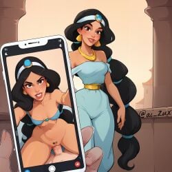 ai_generated aladdin arabian blush cellphone clothed grin juxtaposition lips looking_at_viewer phone photo princess_jasmine pubes pubes_exposed pubic_hair ruined_reputation two_versions zux_edits