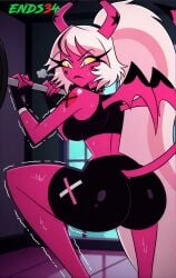 ai_generated ass ass_focus big_breasts bike_shorts breasts demon_girl ends34 female female_only fit fit_female helluva_boss horns long_hair pink_hair serious sports_bra sports_uniform sportswear squatting succubus verosika_mayday_(helluva_boss) wet