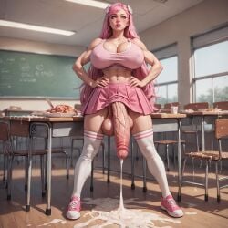 1futa abs ai_generated athletic_futanari big_breasts blue_eyes classroom cum_on_floor cum_on_food enormous_cock fit_futanari futa_only futanari gigantic_cock goddess huge_balls huge_cock long_cock milk mommy muscular muscular_futanari pink_clothing pink_hair pink_shoes pink_skirt pink_top school_uniform shennru solo teacher thick_thighs