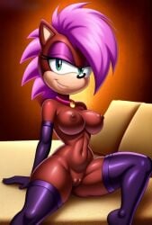 1girls ai_generated anthro ass background breasts female green_eyes hedgehog hips magenta_body mobian_(species) nipples oiled pink_hair rodent shiny_ass shiny_breasts shiny_skin smile sonia_the_hedgehog sonic_(series) sonic_the_hedgehog_(series) sonic_underground stockings waist