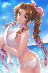 aerith_gainsborough ass ass_cleavage back-tie_bikini bikini bow_in_hair braided_ponytail breasts brown_hair butt_crack final_fantasy final_fantasy_vii green_eyes happy hat holding_hat large_breasts looking_at_viewer necklace ocean ponytail side-tie_bikini sun_hat swimsuit water white_bikini white_swimsuit yano_toshinori