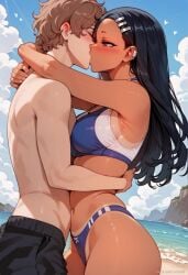 1boy 1girls a1exwell ai_generated beach bikini female hayase_nagatoro human kissing male naoto_hachioji_(senpai) please_don't_bully_me,_nagatoro school_uniform stable_diffusion tanline